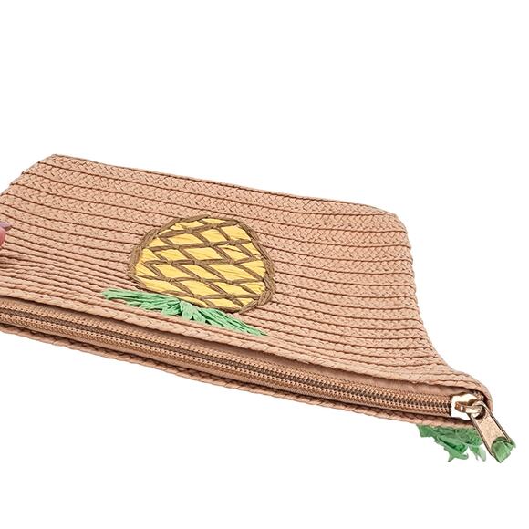 Mud Pie Braided Straw Carry All Cosmetic Bag Pineapple Clutch Purse Zip Top - Picture 3 of 9